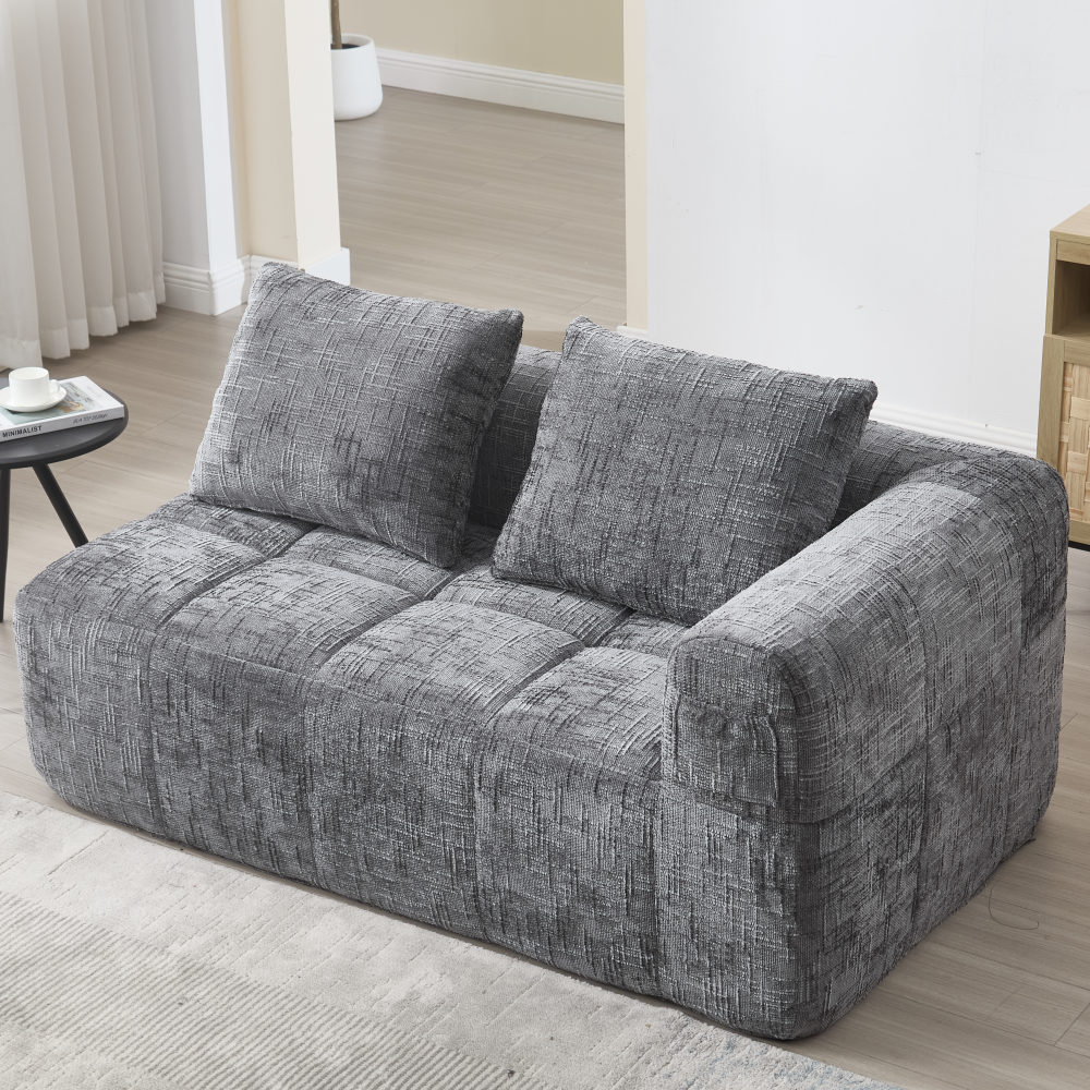 Sofá chaise longue 2 plazas en chenilla gris con compartimentos laterales