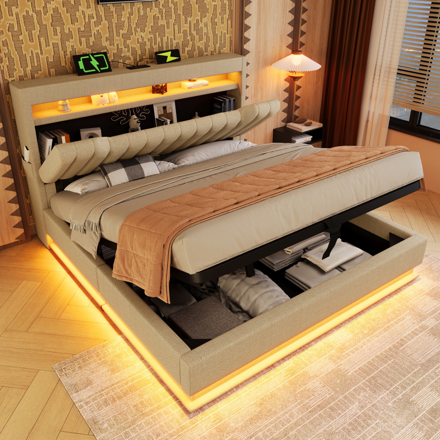 Cama doble 140x200cm con LED usb tipo c lino beige y colchón