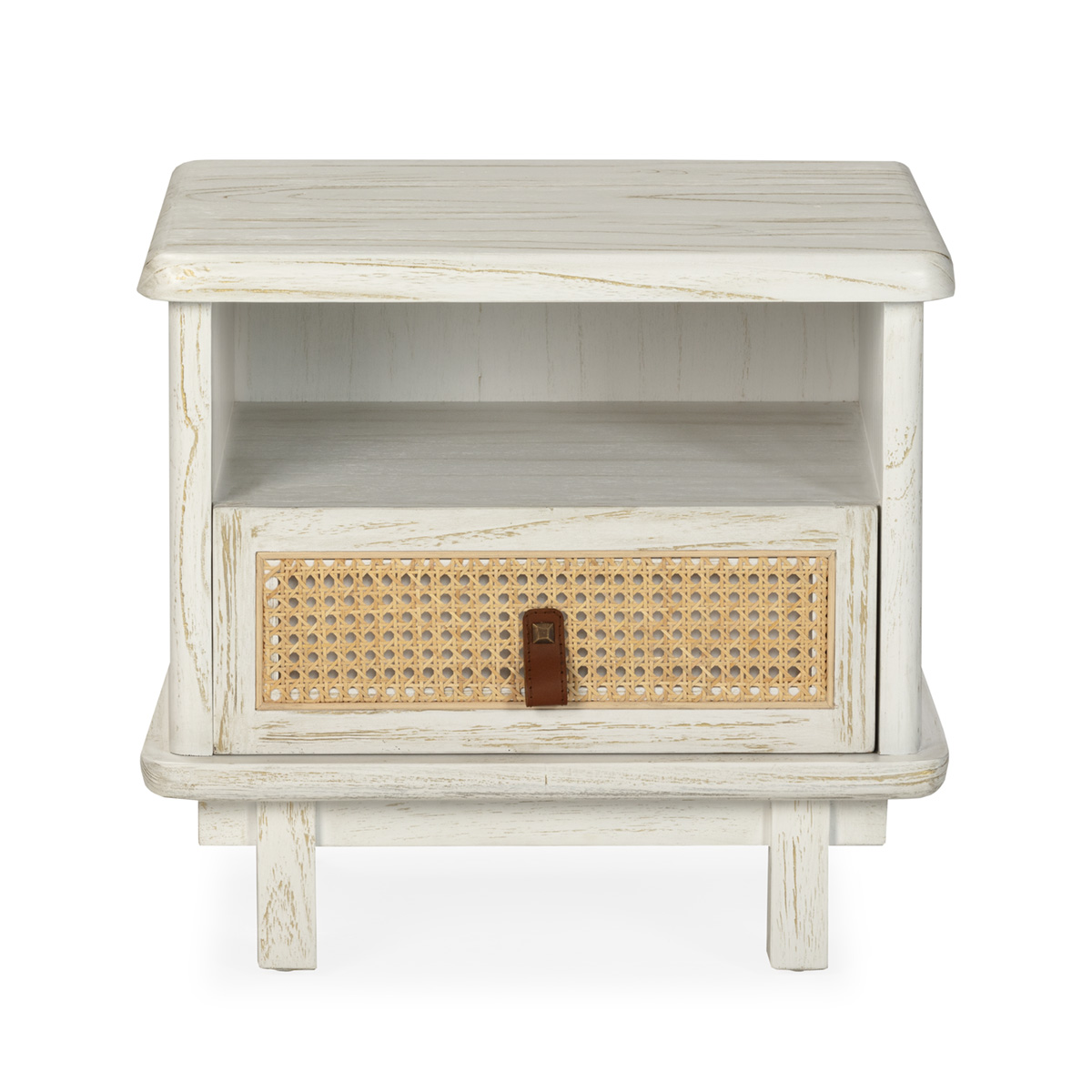 Mesita de noche 47x47x62 madera blanco lavado, metal dorado, ratan natural