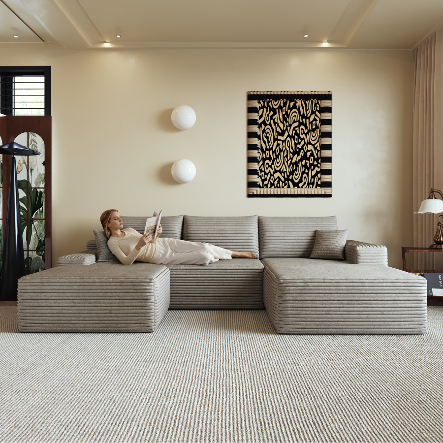 Sofá modular en l tela camel 270cm con chaise longue