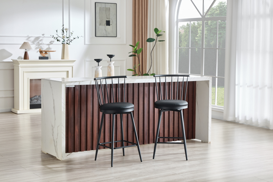 Taburete de bar negro con respaldo windsor y asiento acolchado