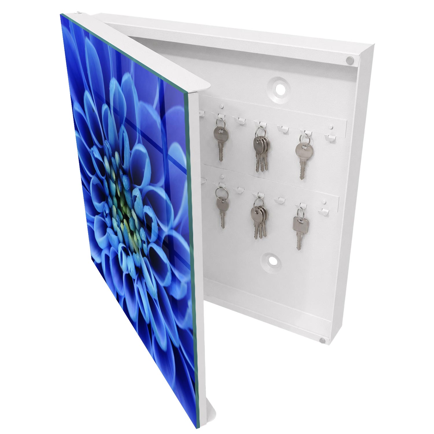Caja para llaves 30x30x5 flor azul, apertura izquierda blanca