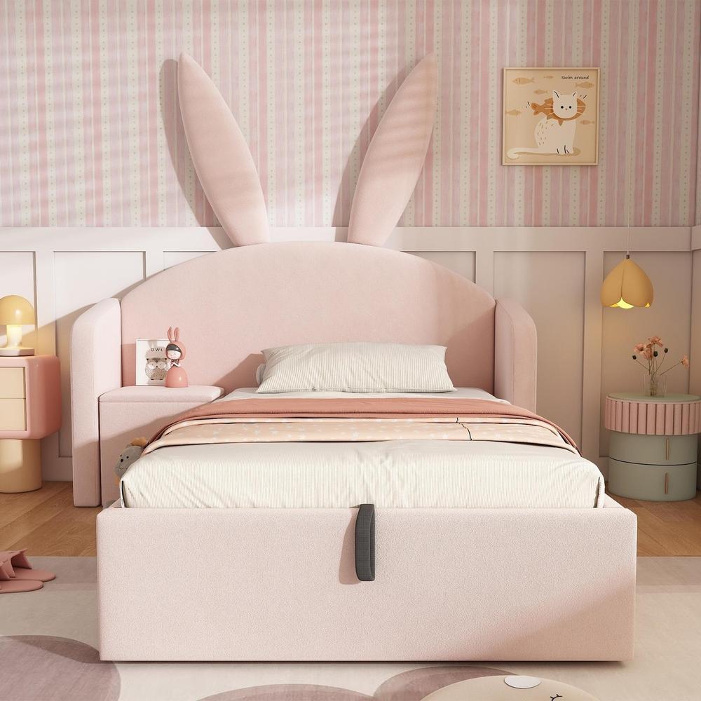Cama infantil 90x200cm con arcón hidráulico y mesita de noche rosa