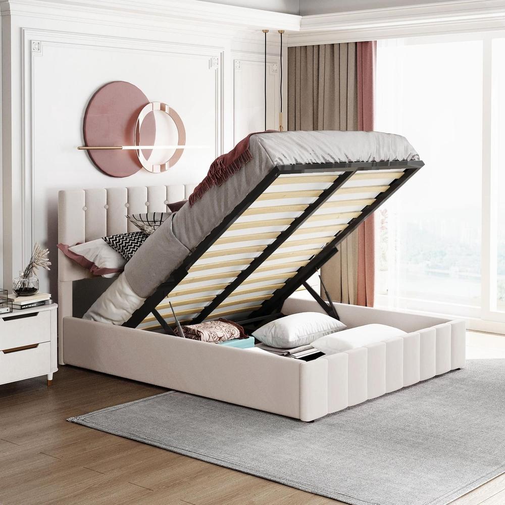 Cama doble 140x200cm con canapé hidráulico y cabecero regulable beige
