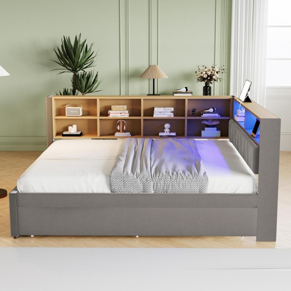 Sofá cama 140x200cm con cama nido 90x190 LED, enchufes, gris oscuro