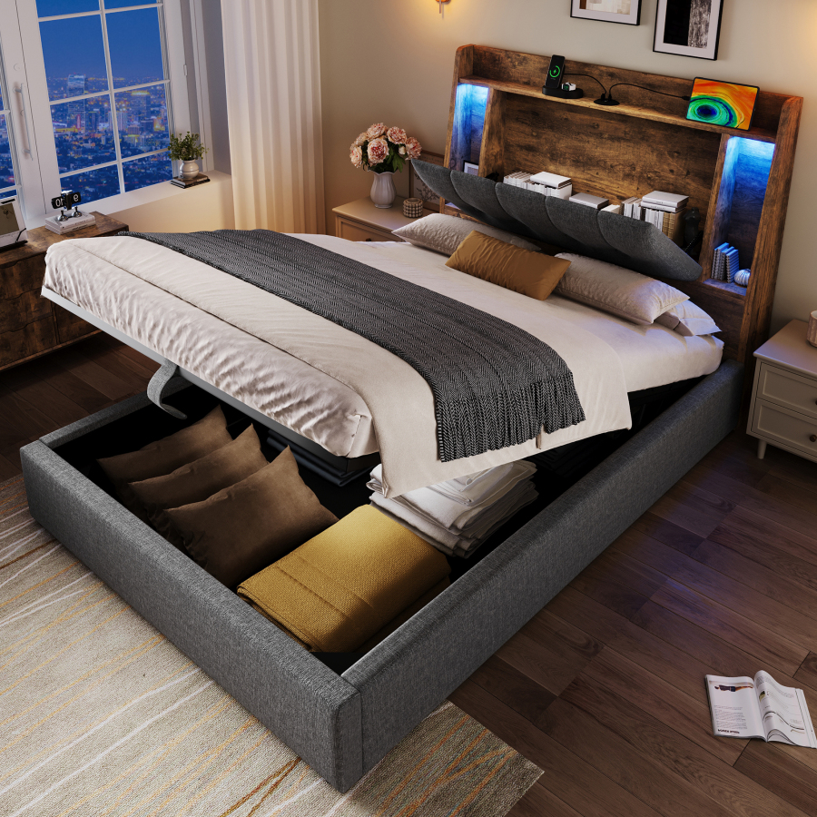 Cama 90x200 cm gris con LED multicolor, usb y almacenaje