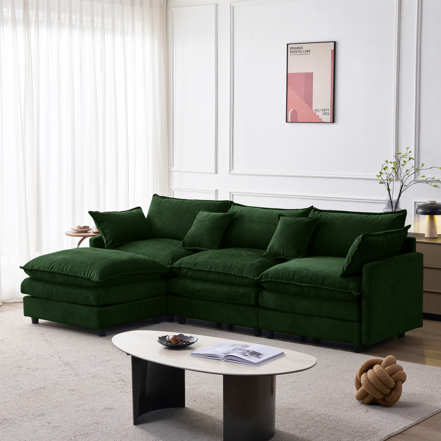 Sofá en l modular chenilla verde 3 plazas con chaise longue y reposapiés