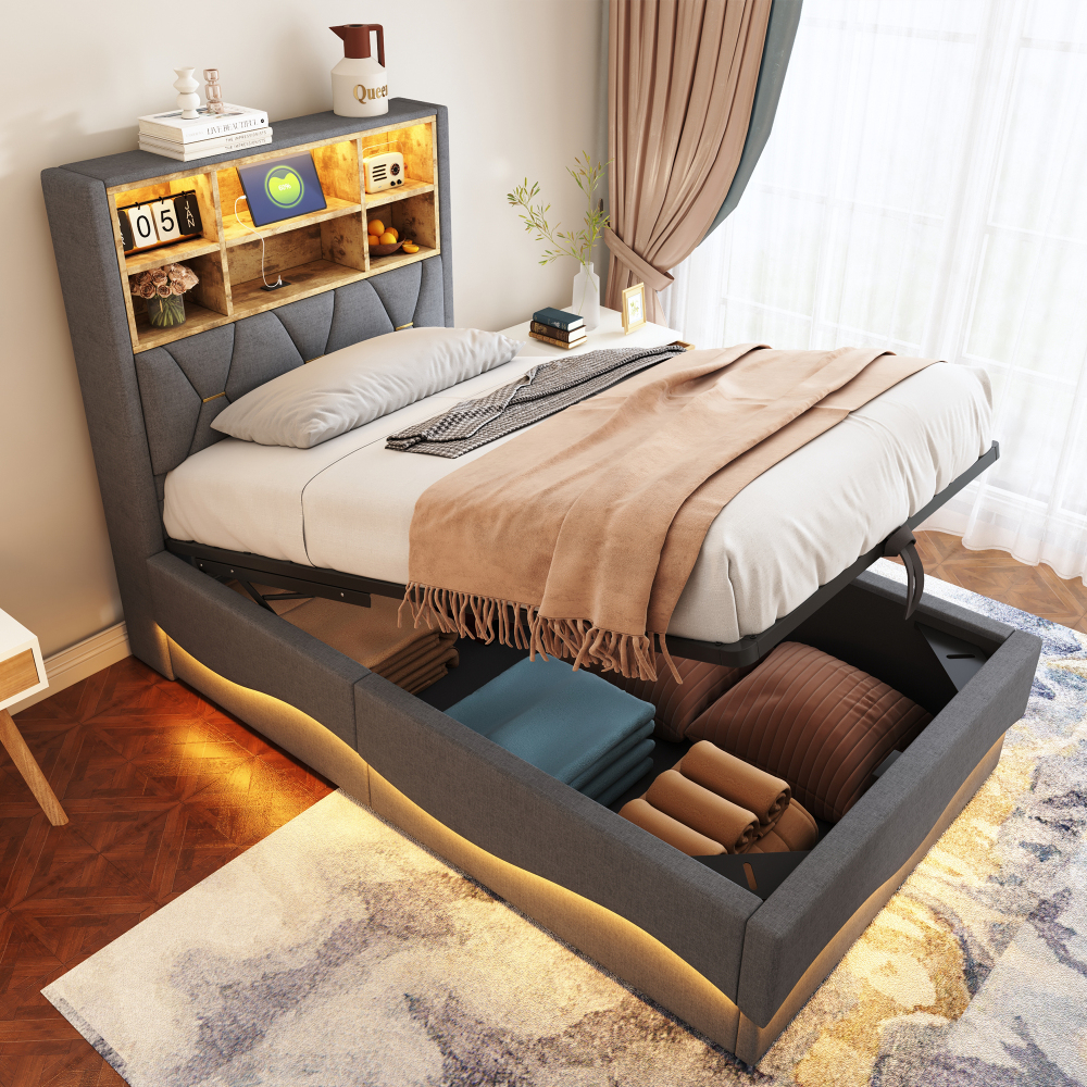 Cama infantil 90x200cm con canapé hidráulico, LED y usb lino – gris