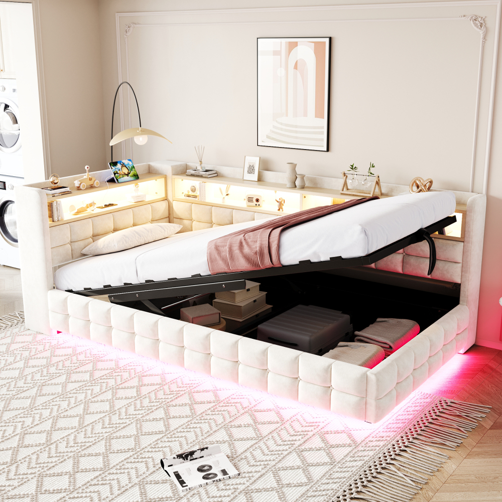 Sofá cama 90x200cm con canapé hidráulico LED y usb terciopelo beige