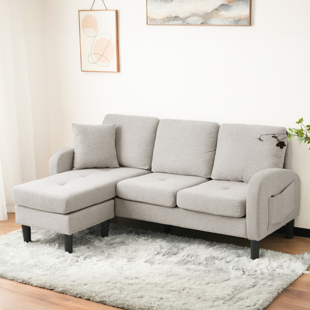 Sofá chaise longue en l modular tela beige gris 3 plazas salón oficina