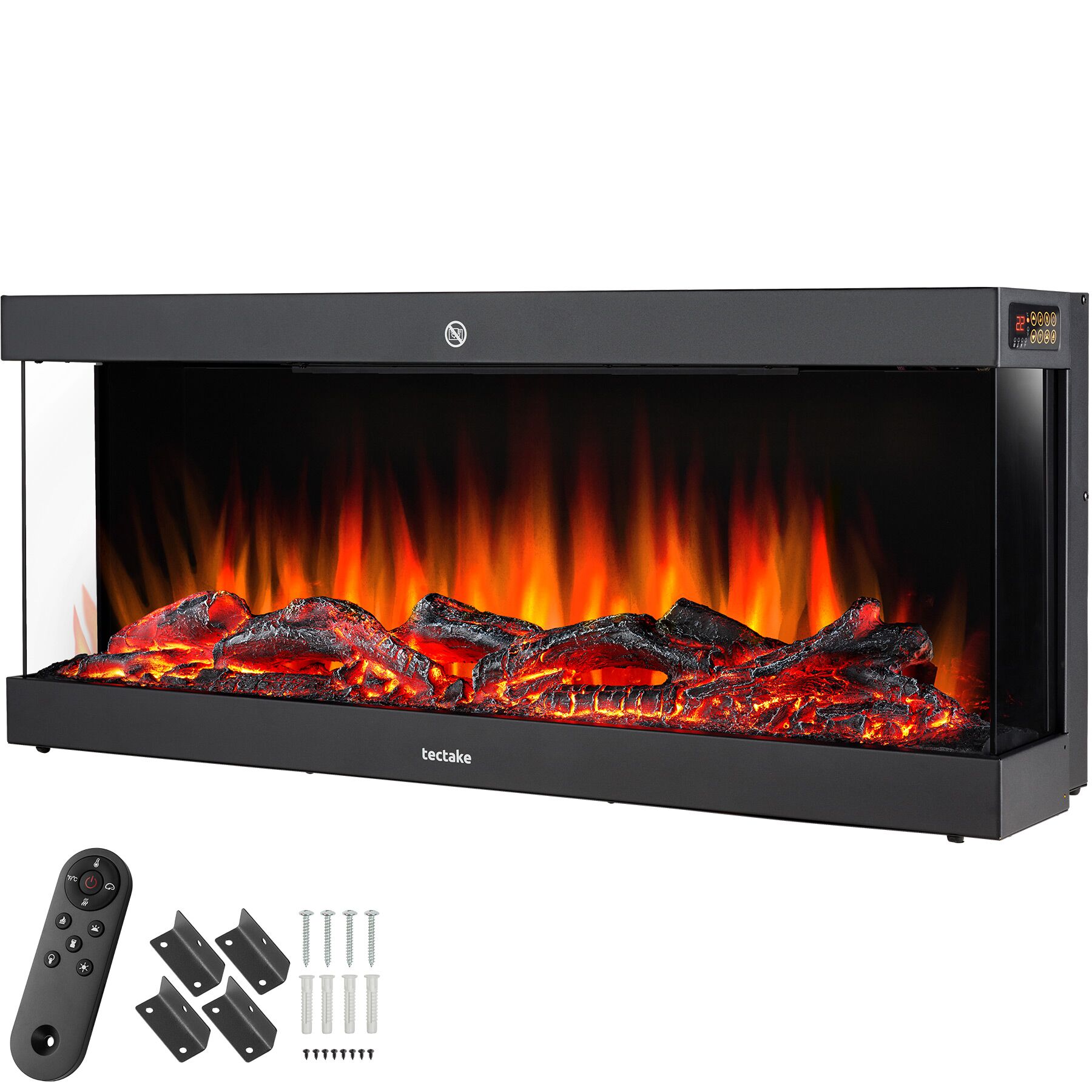 Chimenea eléctrica de pared, 2 niveles de calor, efecto llama, negro