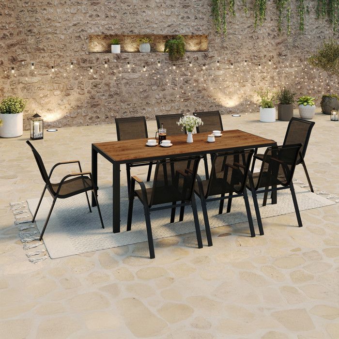 Salón de jardín de 8 plazas negro madera - 190 cm