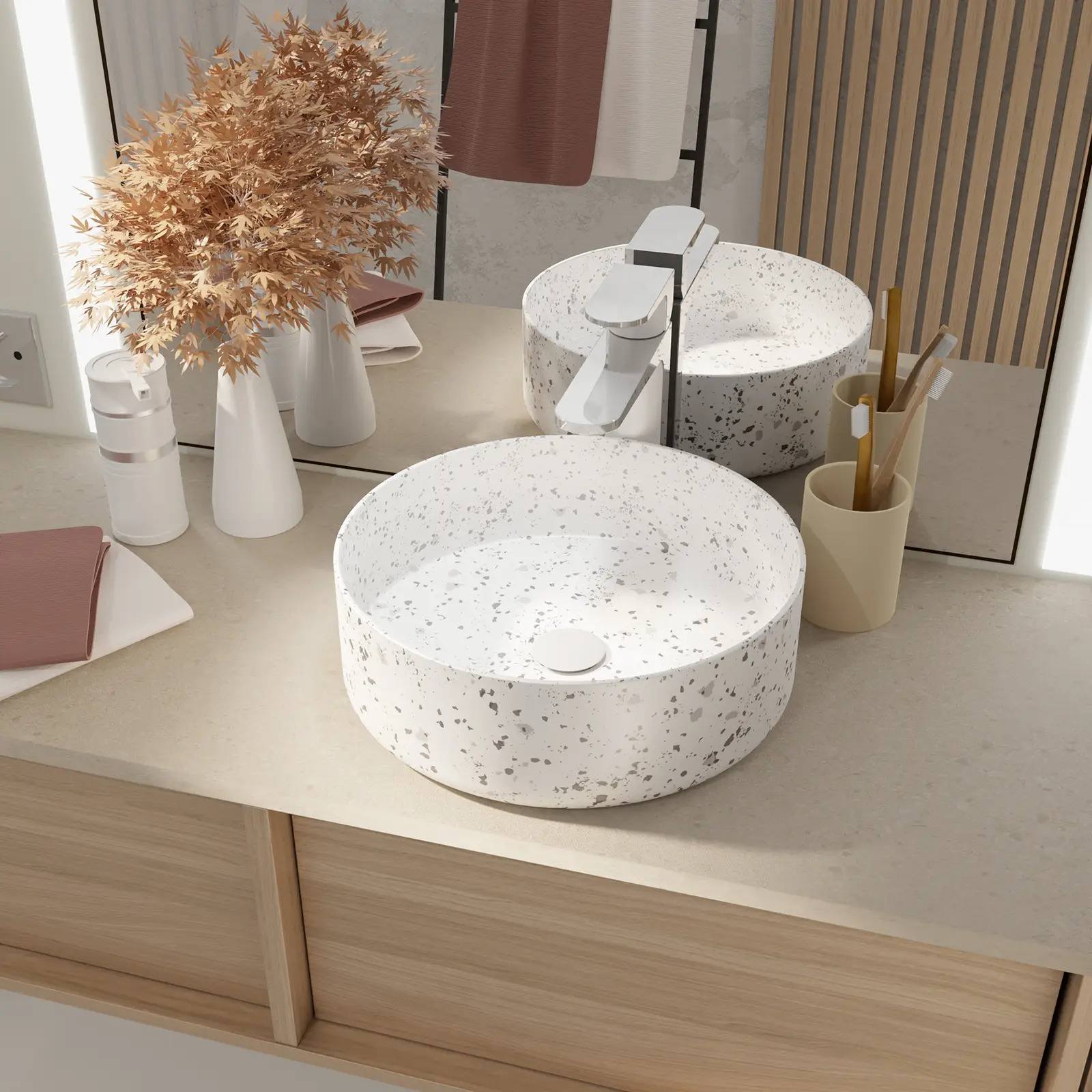 Lavabo redondo de cerámica blanca mate efecto terrazzo gris ø35cm