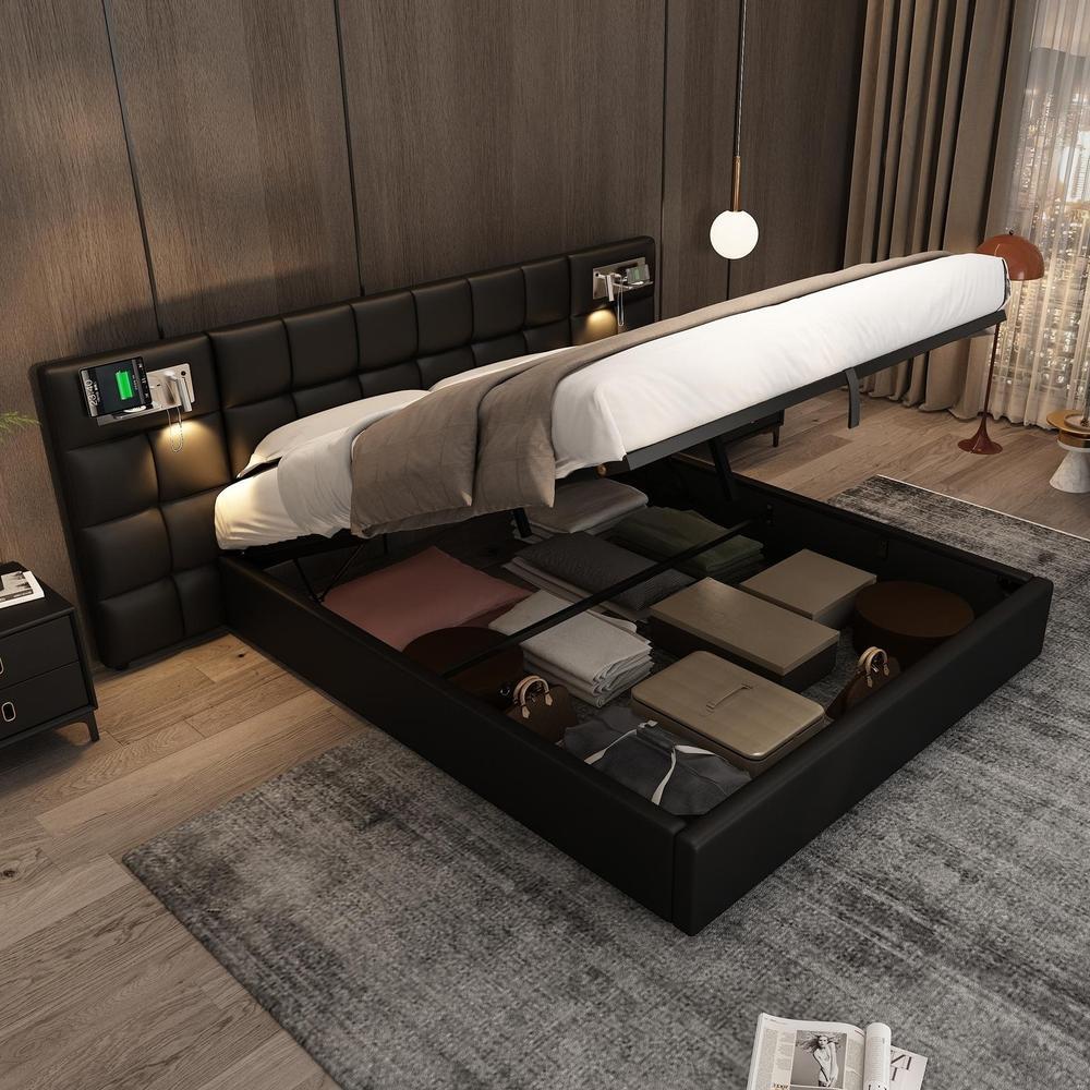 Cama doble 180x200cm almacenaje usb carga inalámbrica lámpara negra