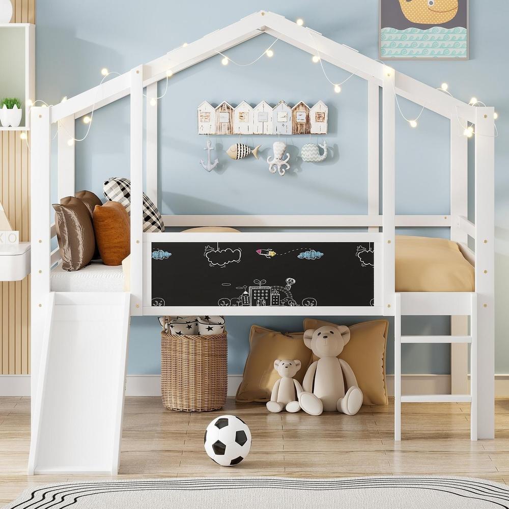 Cama litera infantil 90x200cm madera con tobogán y pizarra blanca