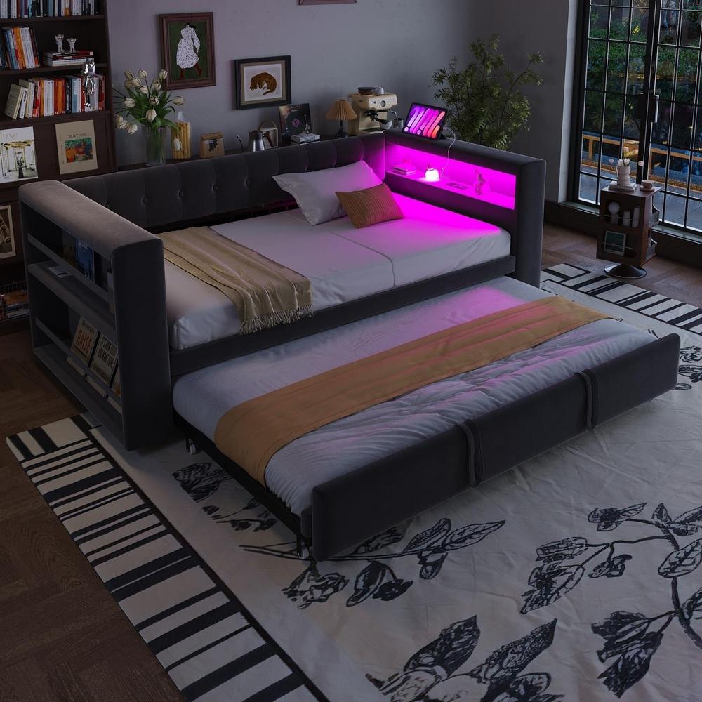 Sofá cama 90-180x190cm con LED, tomas y almacenaje