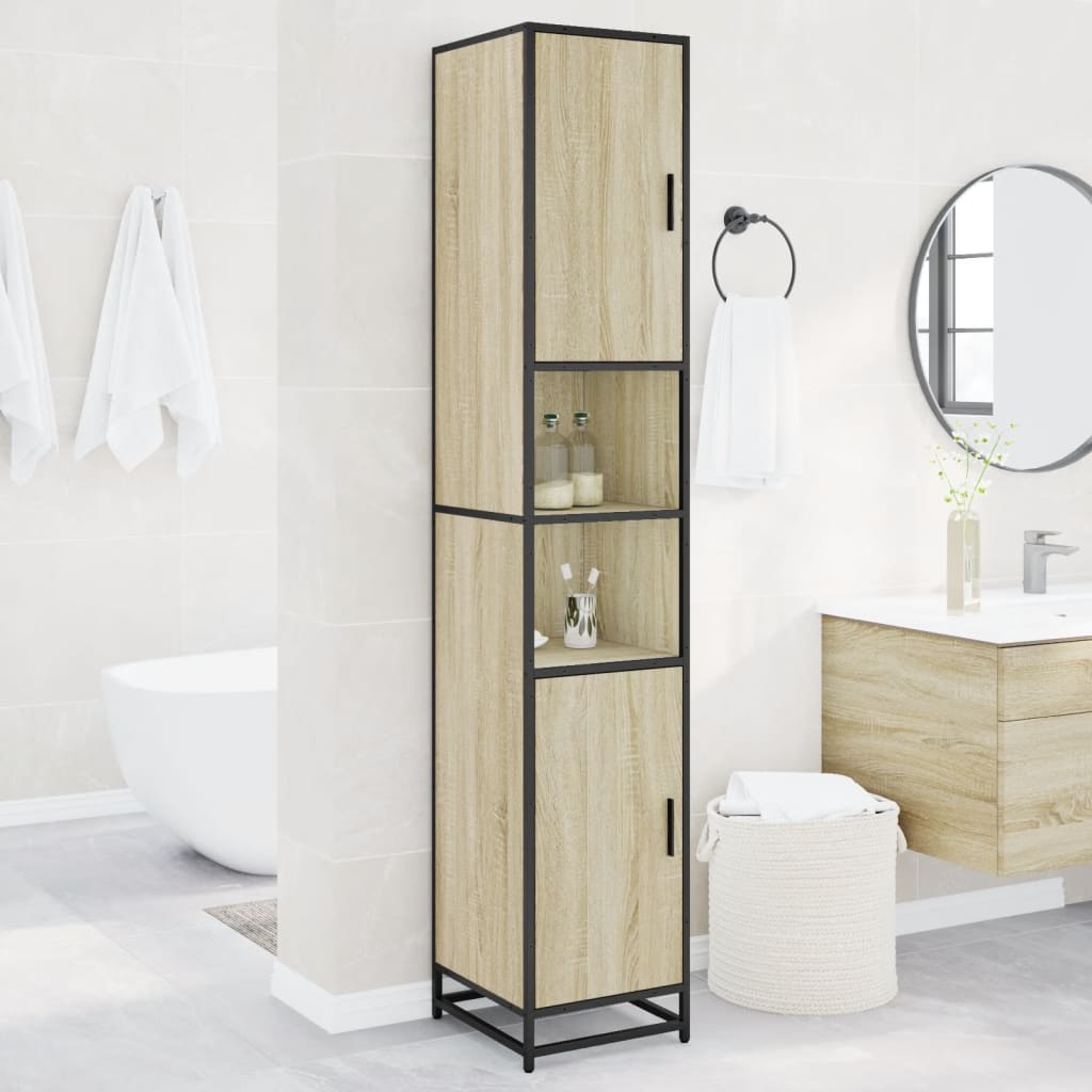 Armario de baño madera y metal roble sonoma 35x37,5x188,5 cm
