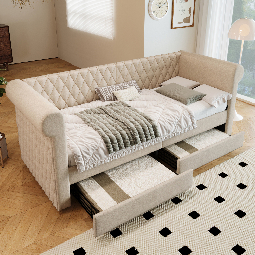 Sofá cama 90x200 cm con 2 cajones y cabecero tapizado lino – color beige