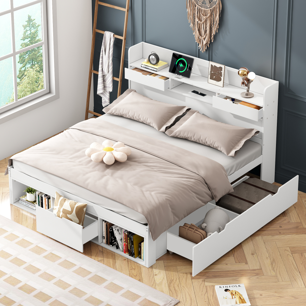 Cama matrimonial 160x200cm con usb, cajones y almacenaje madera – blanco