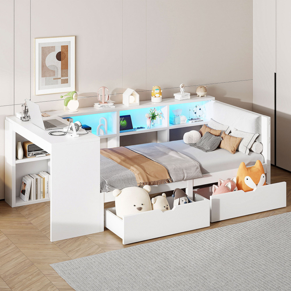 Cama de madera 90x200 cm con cajones, estantes y carga usb mdf – blanco