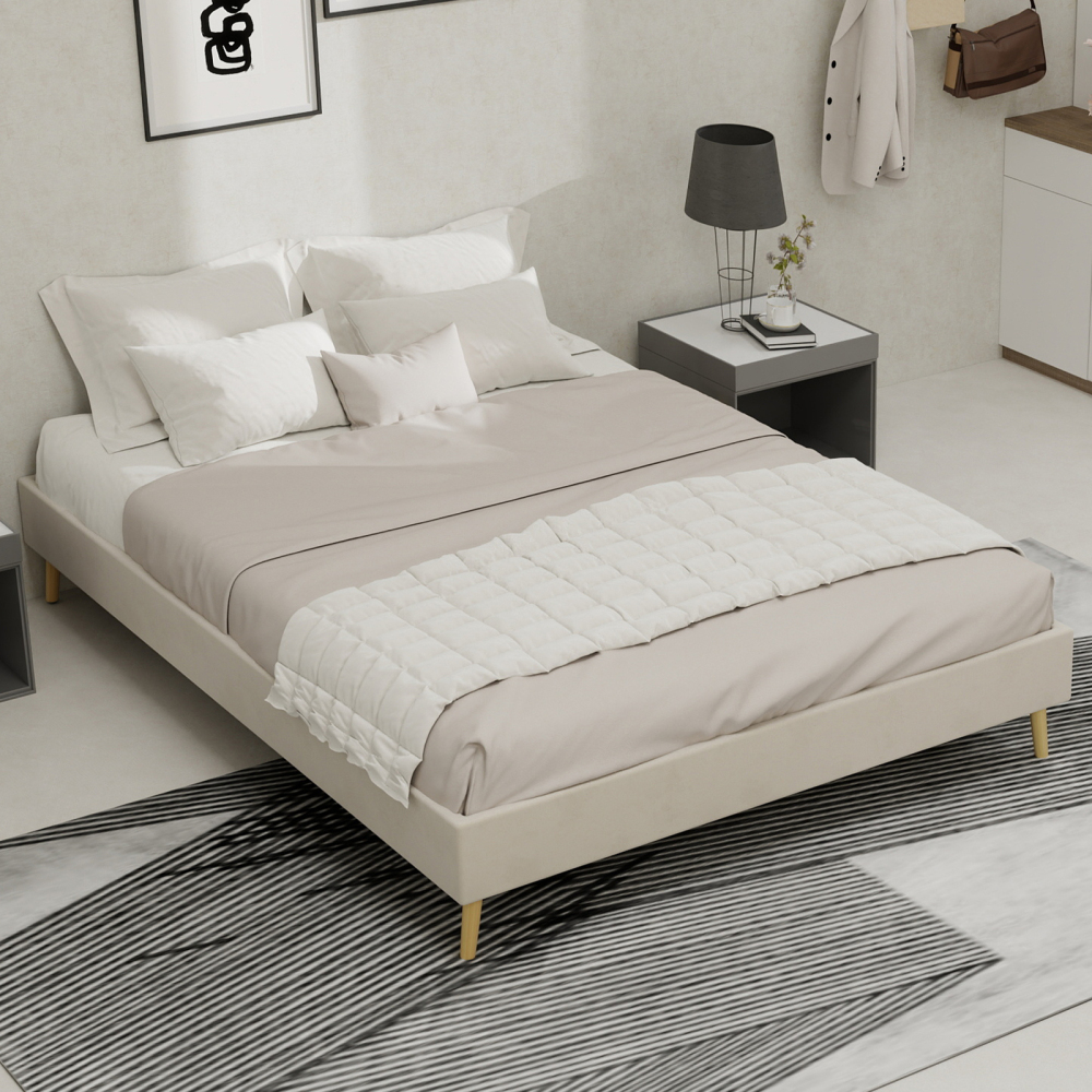 Cama tapizada 140x200 cm estructura baja de tela y metal – color beige