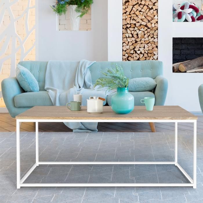 Mesa baja industrial madera y metal blanco - 113x60x45 cm