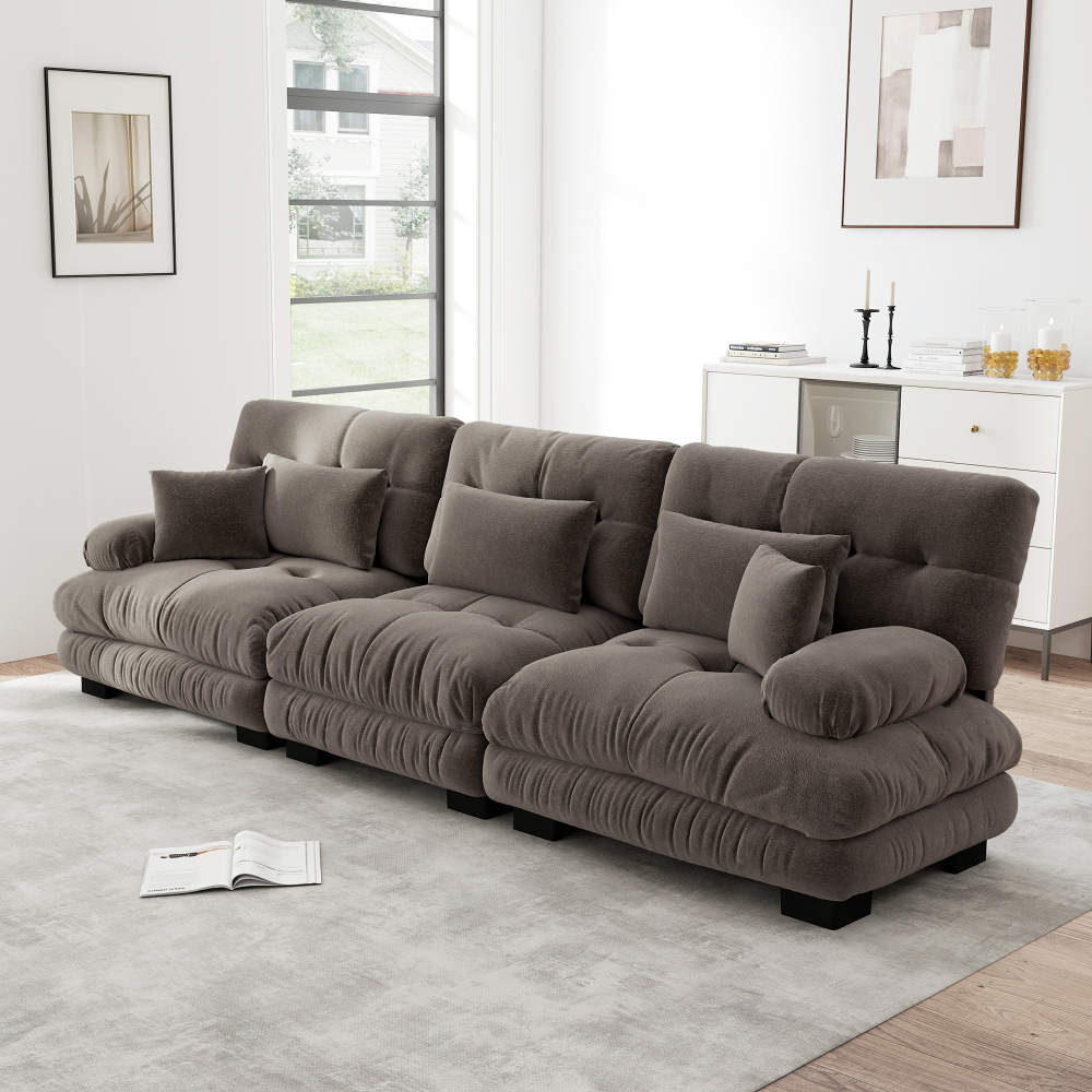 Sofá modular 3 plazas chenilla marrón con asiento profundo y cojines