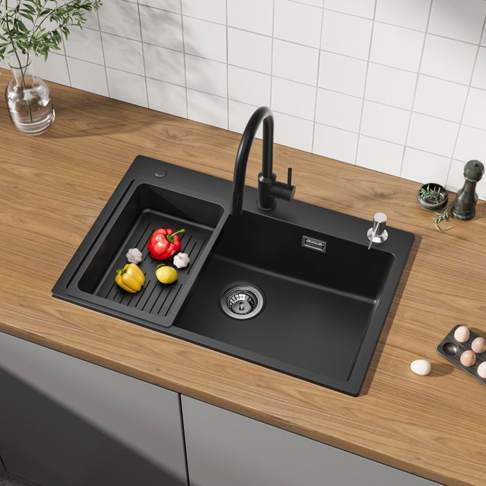 Fregadero de cocina - granito - negro antracita - 70x45cm - 1 seno - revers