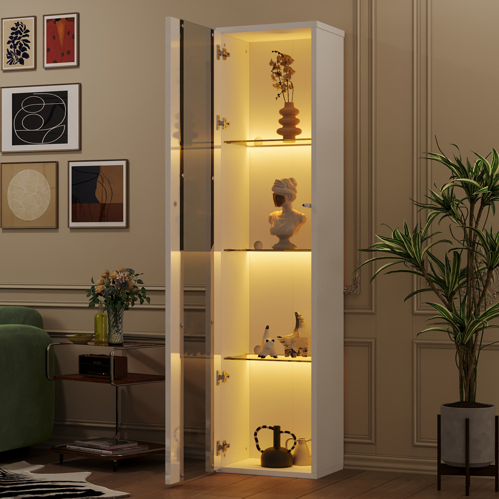 Vitrina con 4 estantes blanco 170x40x29cm con puerta transparente y LED