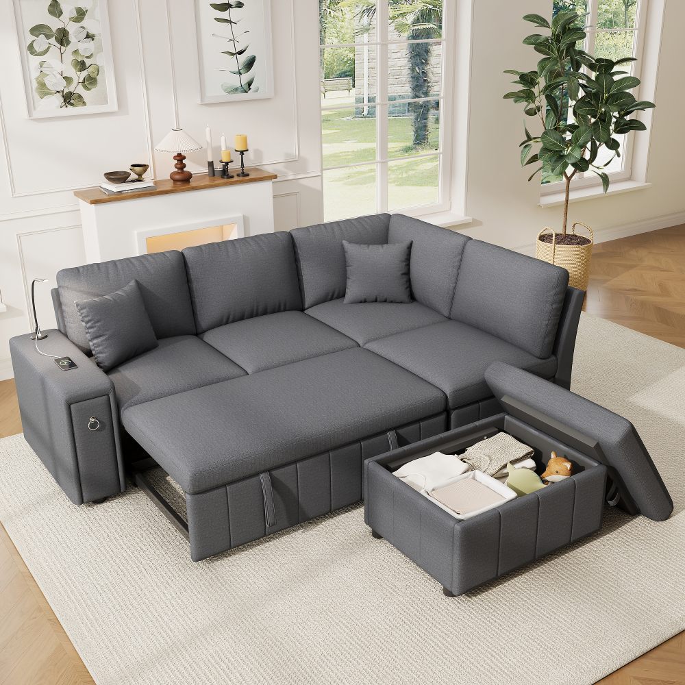 Sofá chaise longue en l gris 5 plazas con usb y puff