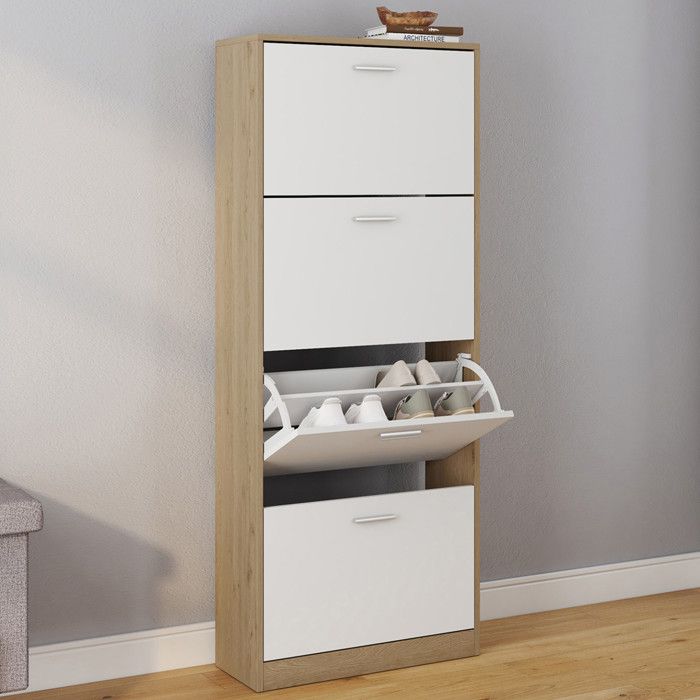 Mueble zapatero de haya blanco de 4 puertas 60 cm
