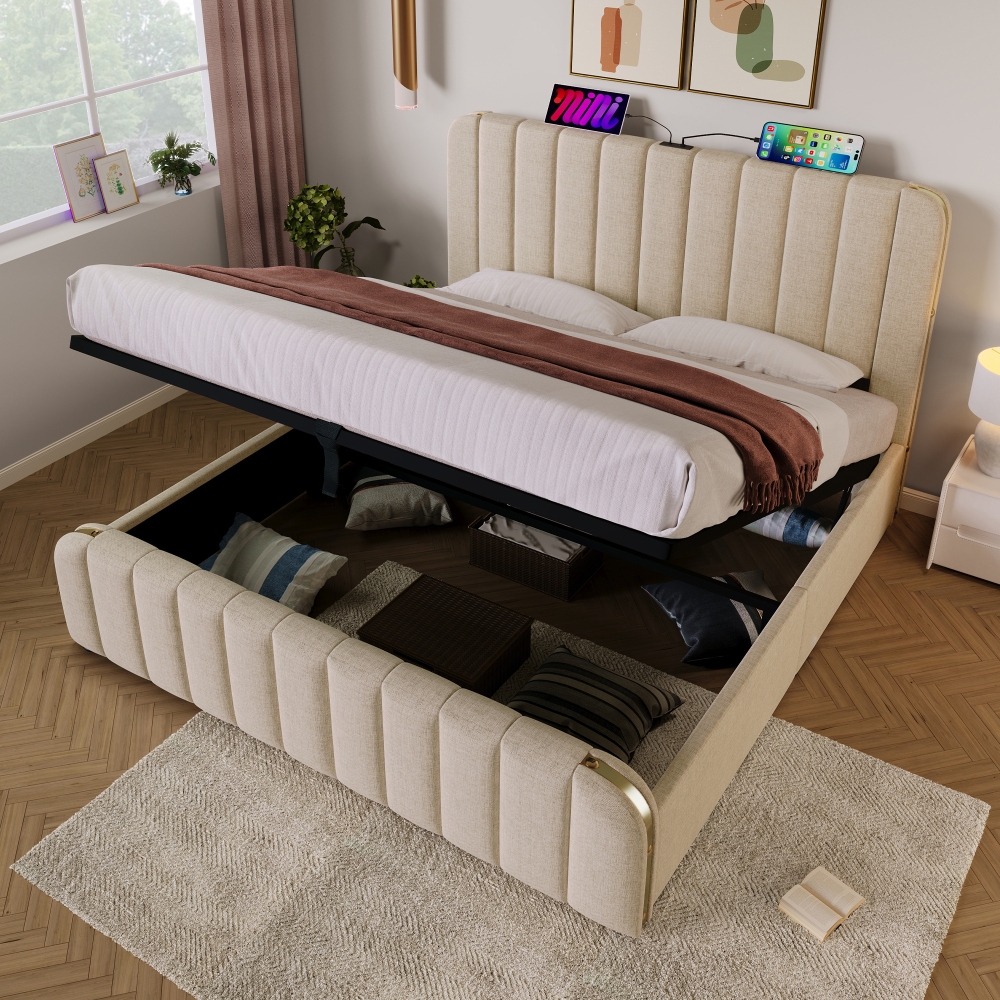 Cama tapizada 180x200 cm con canapé y carga usb tipo c lino – color beige