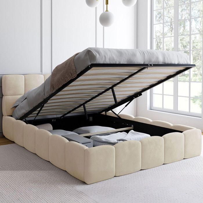 Cama con baúl doble - terciopelo beige - 140 x 190 cm
