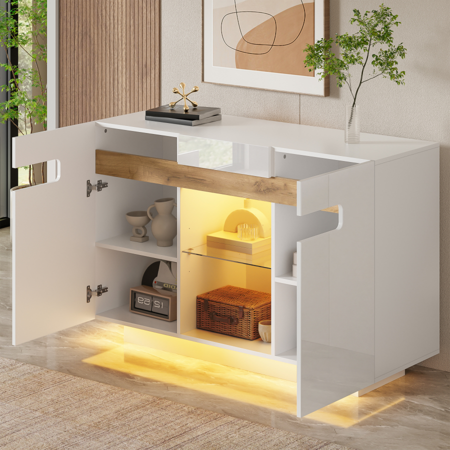 Aparador con LED 2 huecos abiertos blanco y roble 80x120x40cm