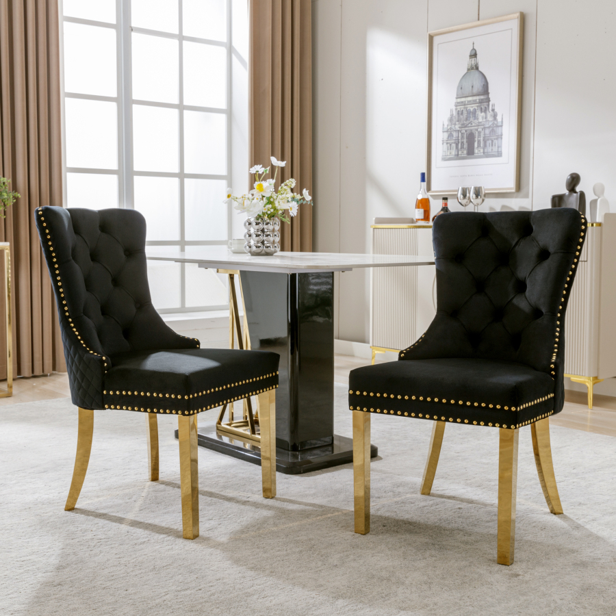 Silla de comedor terciopelo negro set de 2 patas doradas