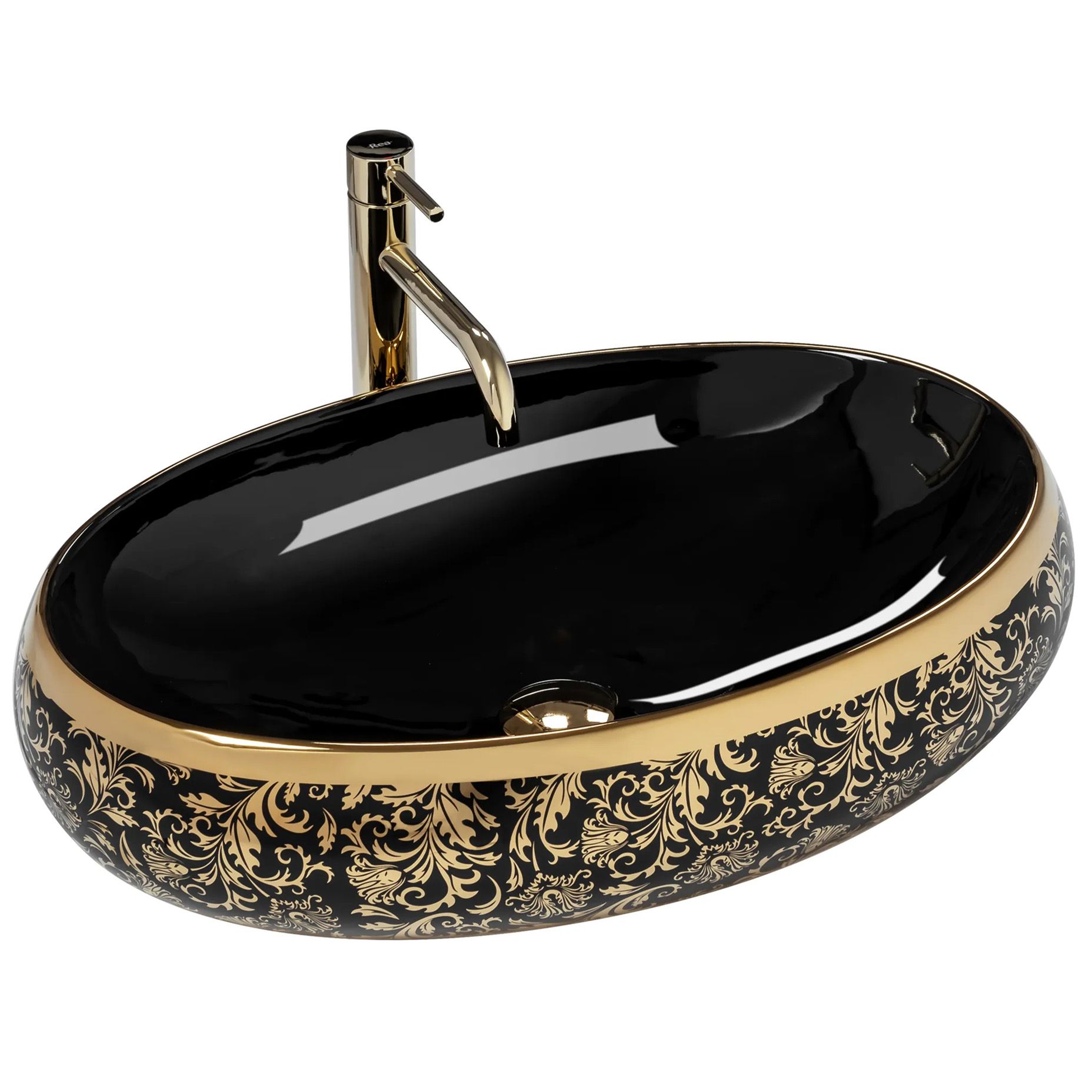 Rea lavabo sobre encimera meryl black gold oval, 60x40,5x14,5 cm