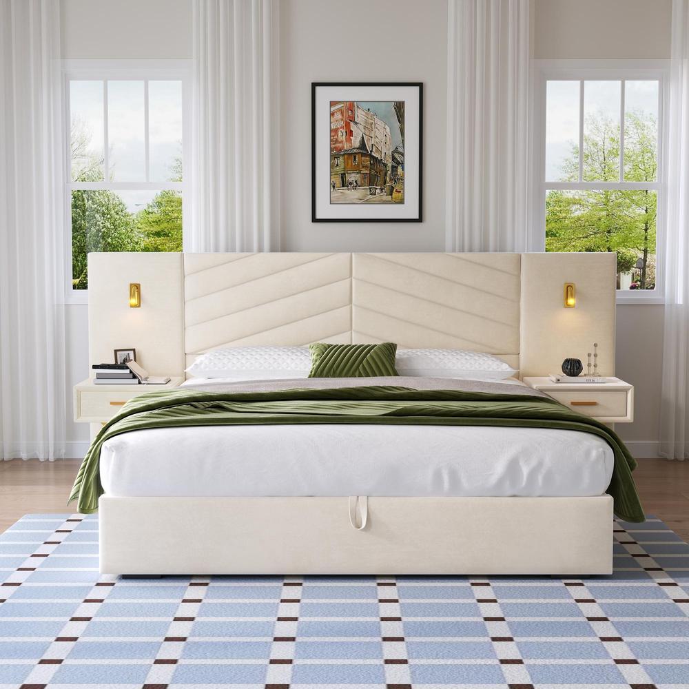 Cama baúl terciopelo 160x200cm hidráulica con LED y 2 bancos beige