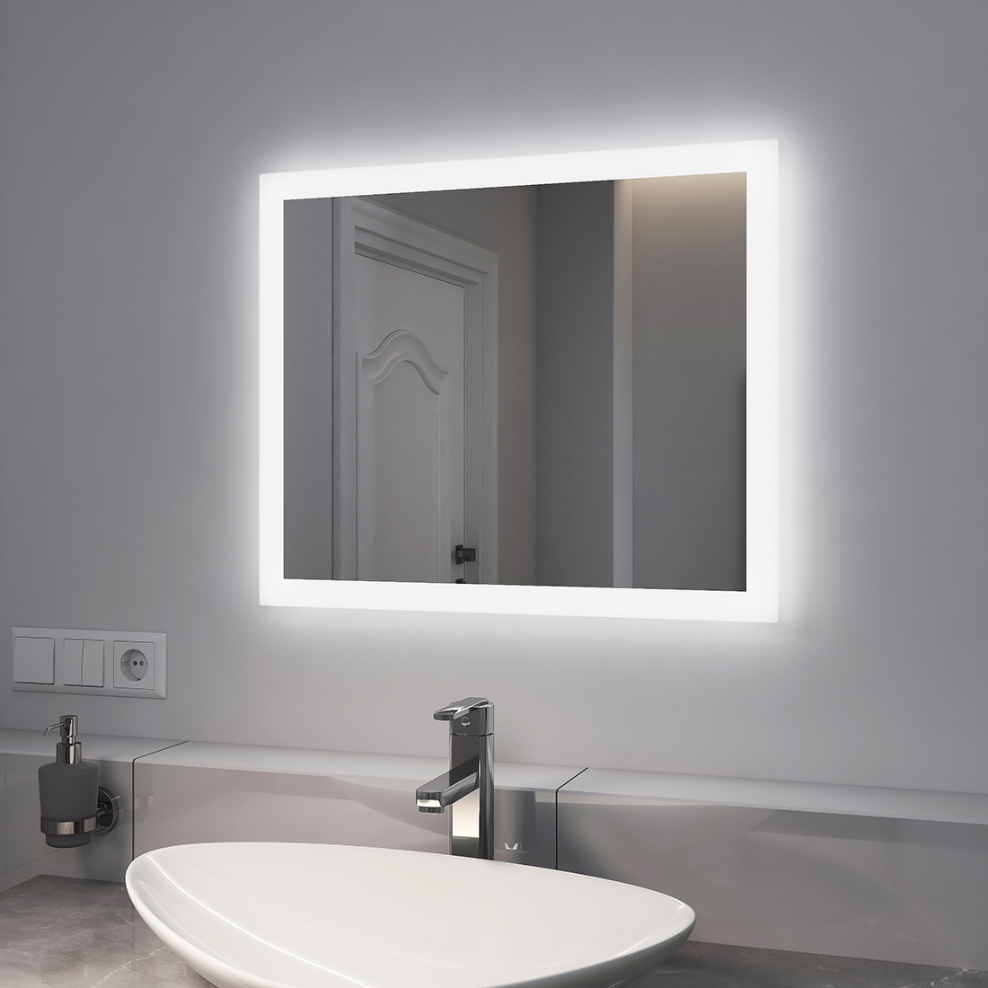 Emke espejo de baño con luz, 60x50cm, antivaho, luz blanca fría/caliente