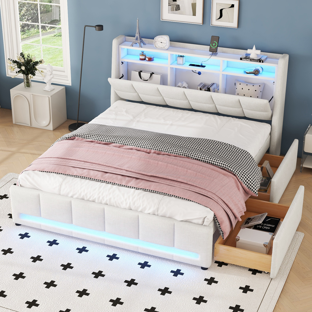 Cama de matrimonio 140x200cm con LED, usb, cajones y almacenaje lino beige