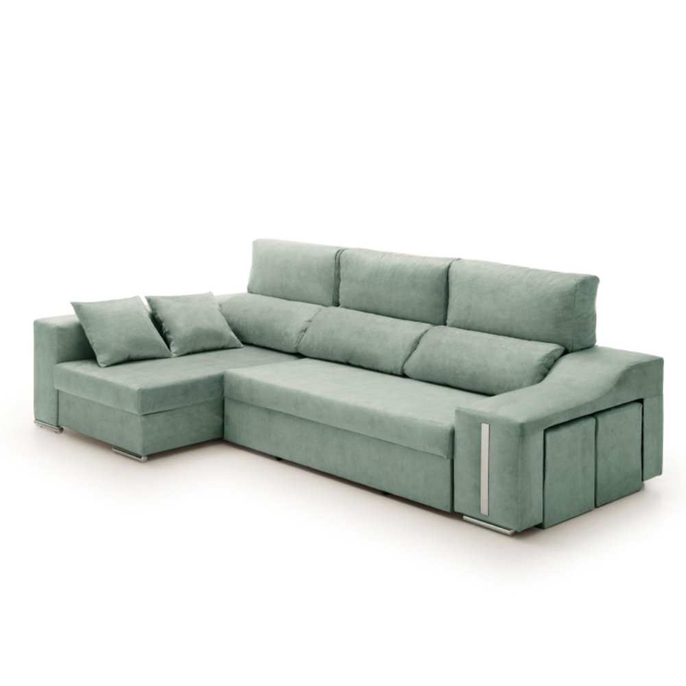 Sofa chaise longue cama con arcón y puff giuliana agua marina izquierda