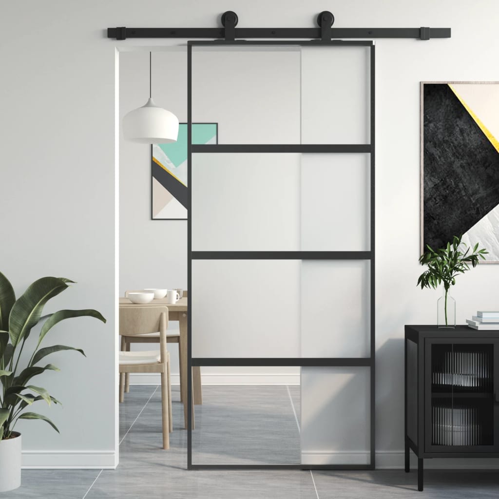 Puerta corredera vidrio templado y aluminio negra 90x205 cm esxt8163