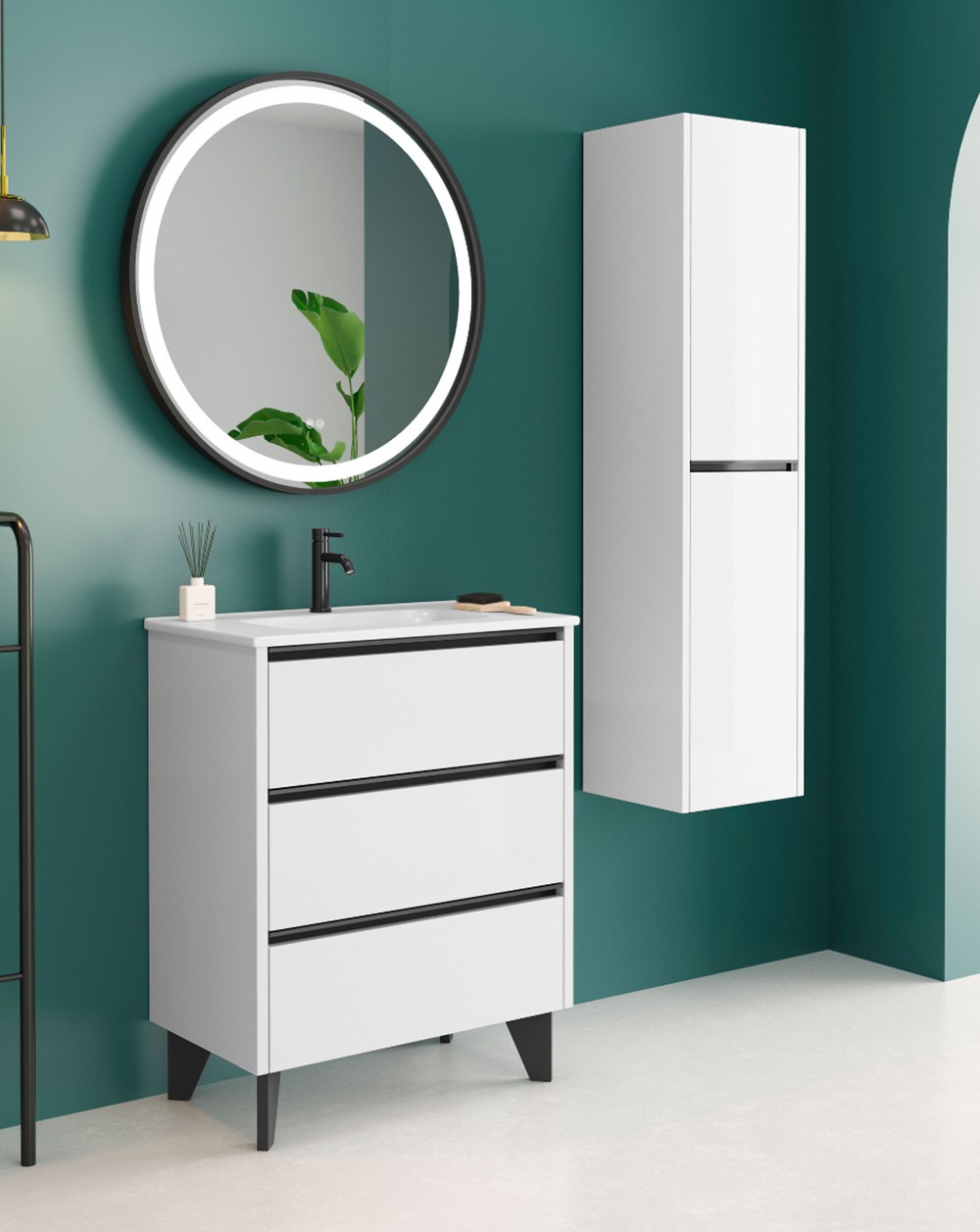 Mueble de baño al suelo con lavabo cerámico | 80 cm - blanco negro