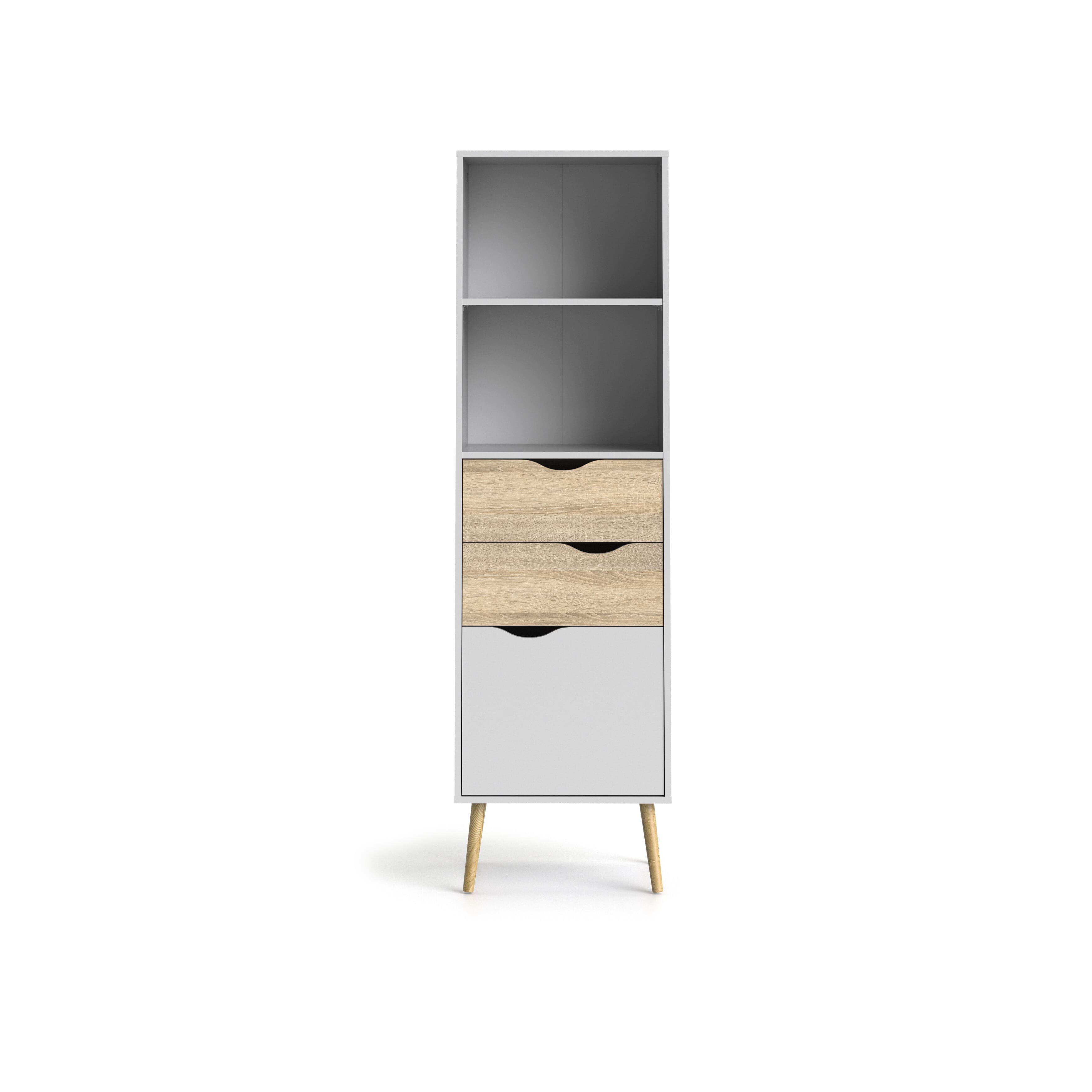 Estantería de 2 cajones, 1 puerta blanca y decoración de roble h171,3 cm