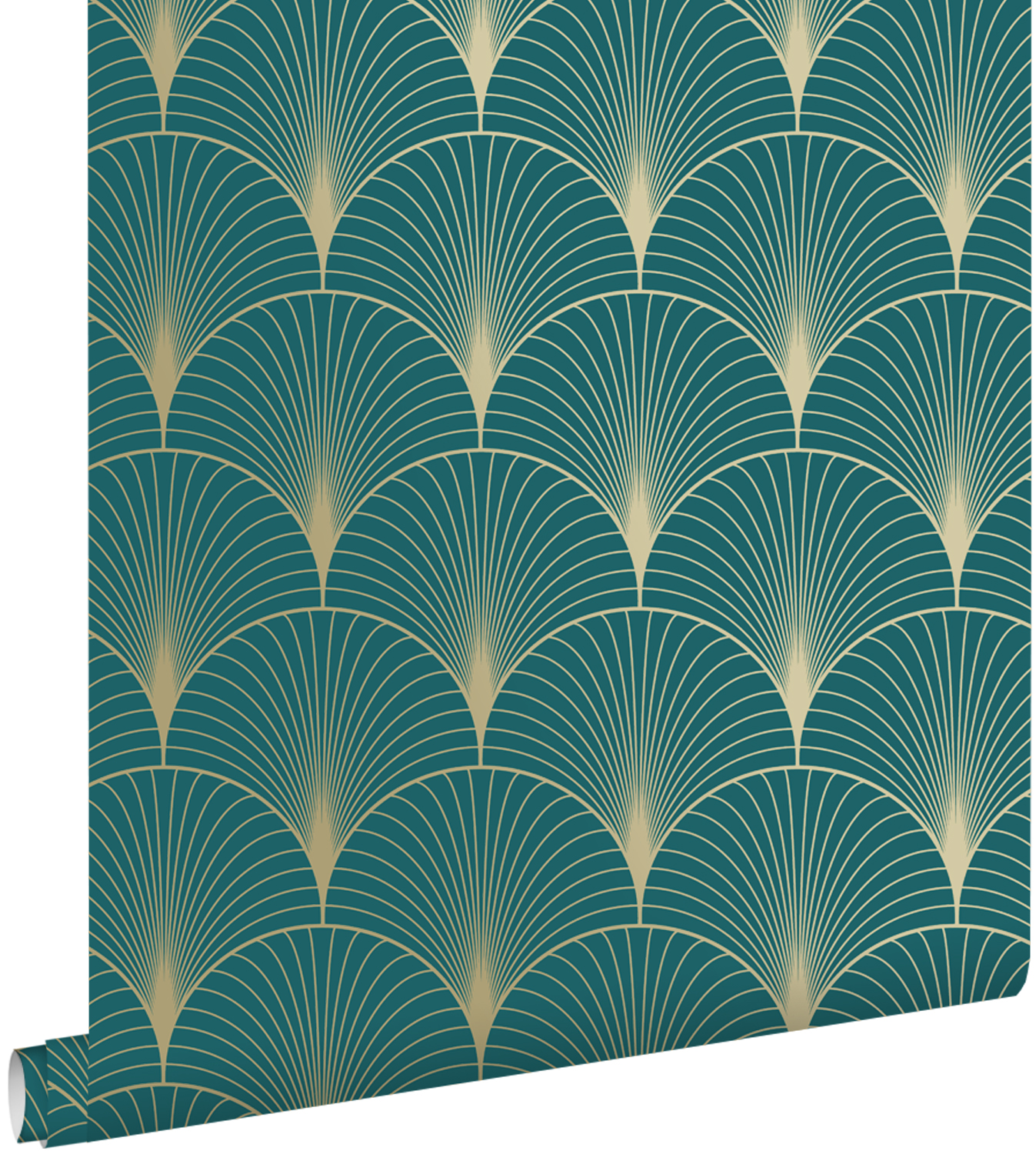 Estahome papel pintado arte deco azul petroleo y oro 53 cm x 10.05 m