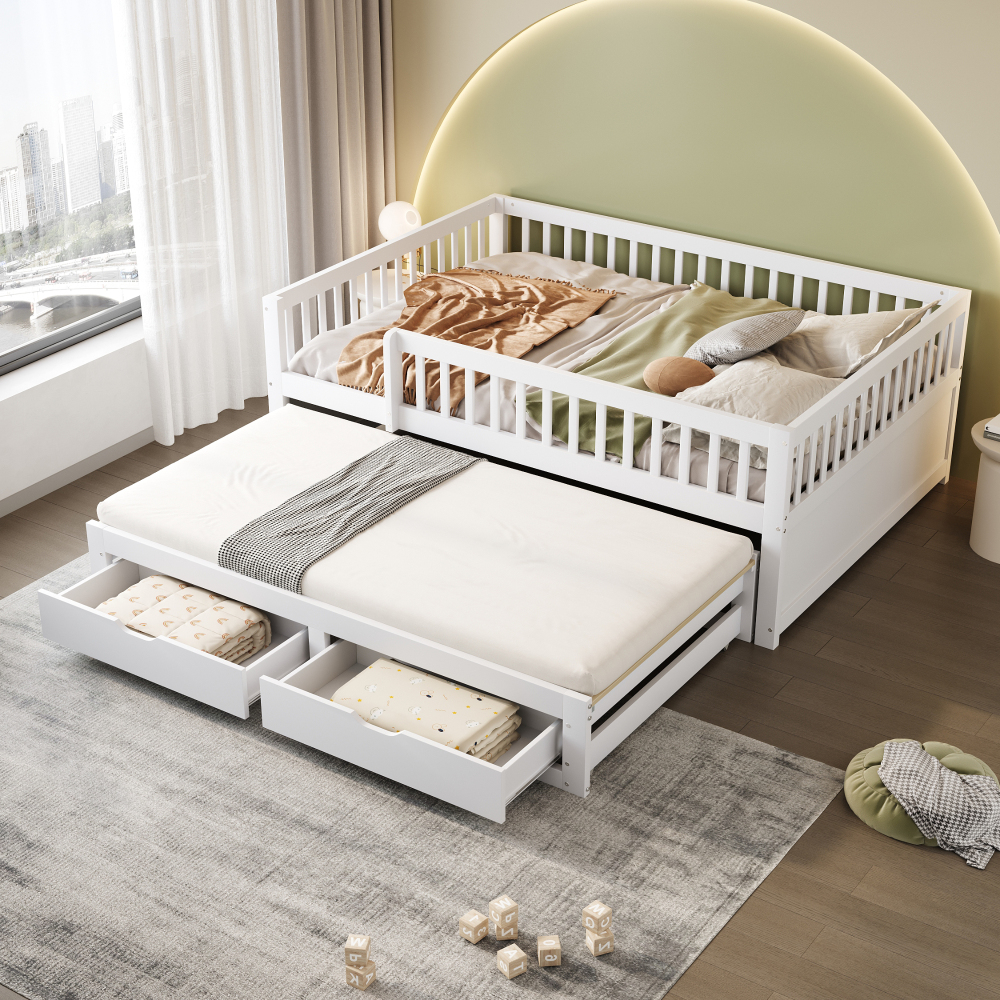 Cama nido 140x200cm con barandilla, 2 cajones y somier madera maciza blanco
