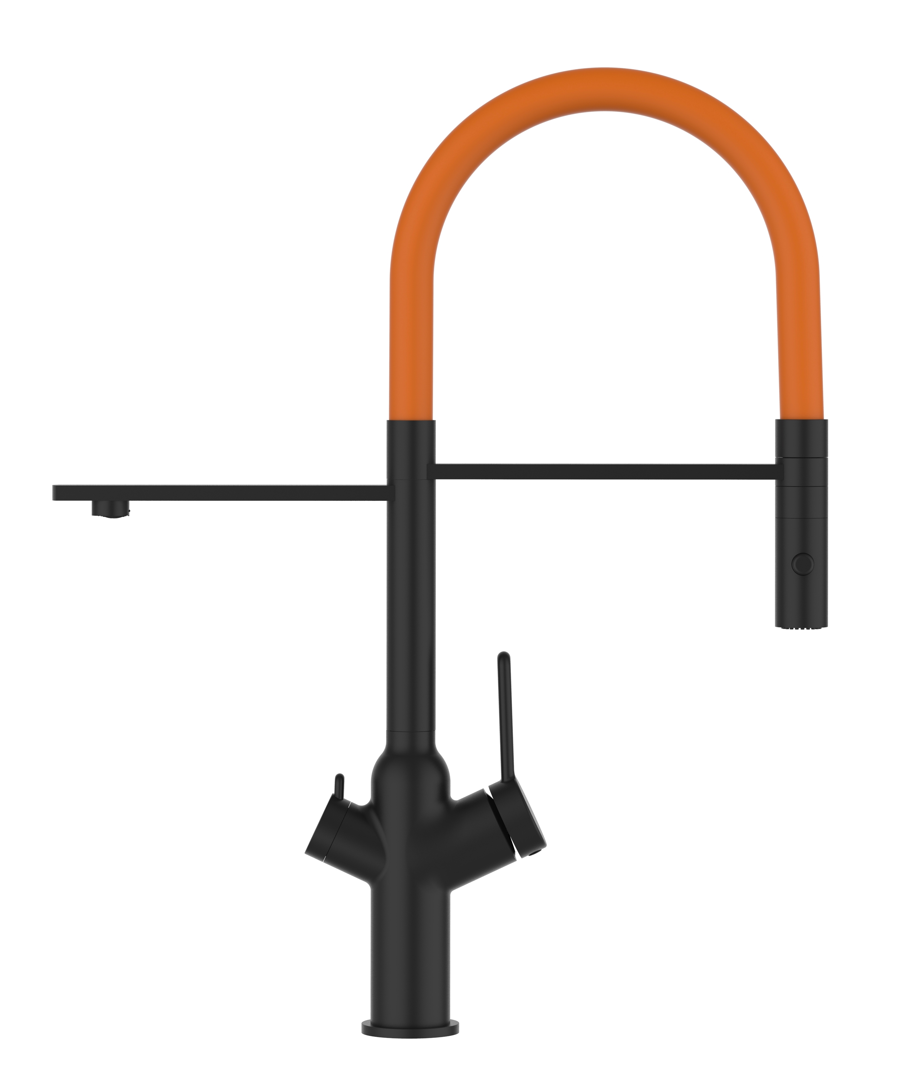 Grifo de cocina 4 vías negro caño giratorio naranja ducha 2chorros, BOD