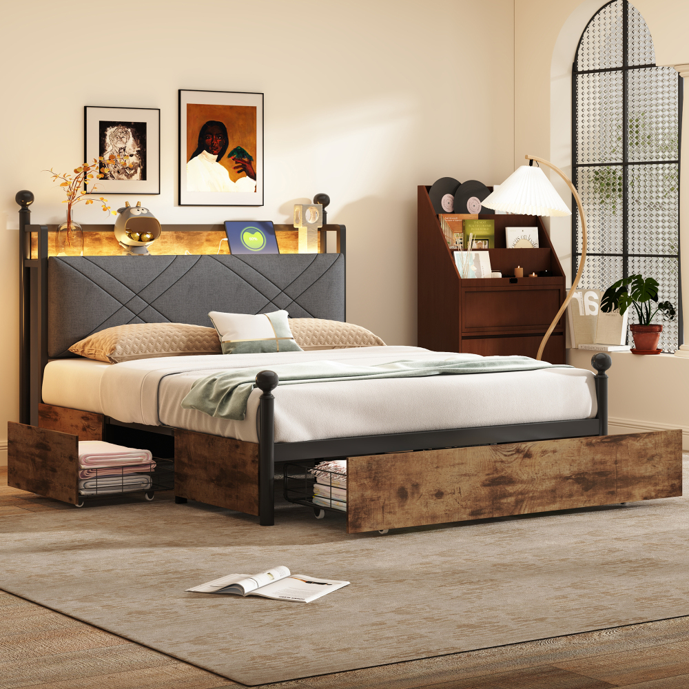 Cama doble 140x190cm dosel desmontable, LED, usb y almacenaje metal negro