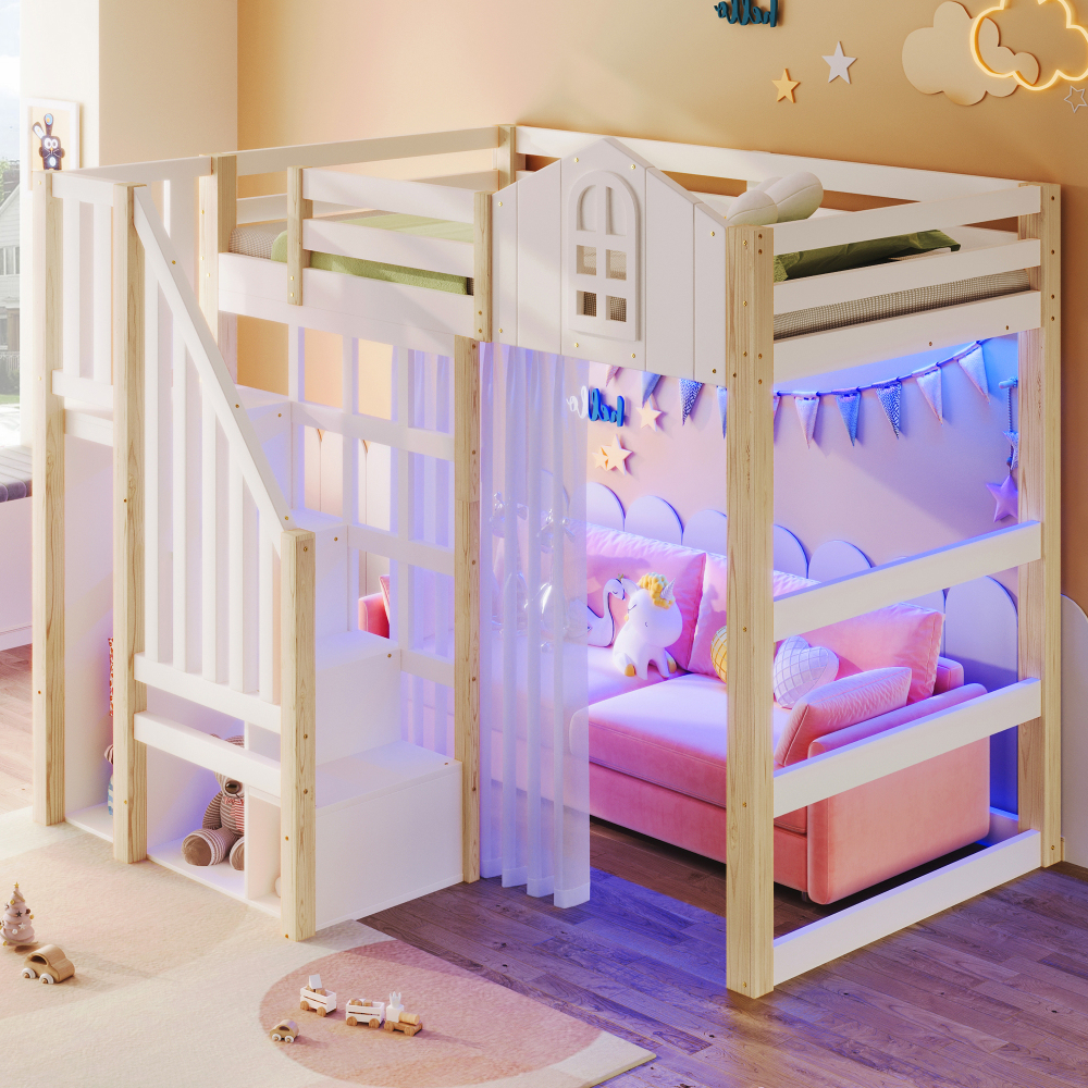 Cama alta 90x200cm con LED y almacenaje madera – blanco y natural