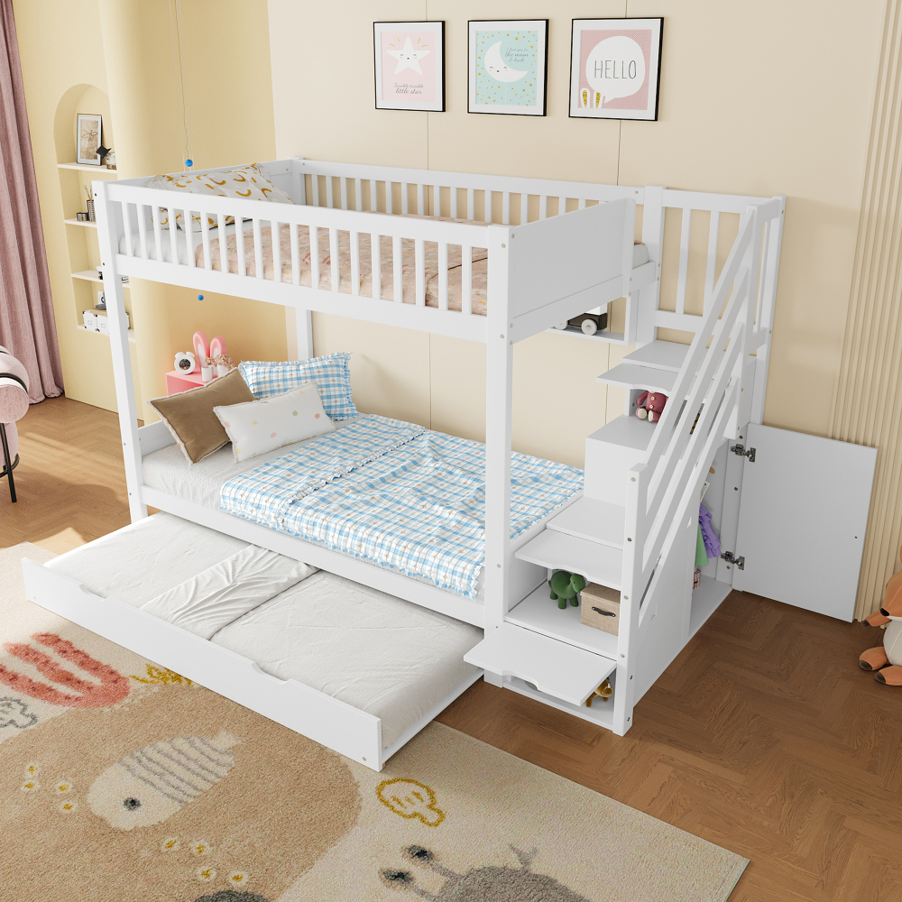 Litera 90x200cm con cama nido, almacenaje y armario, pino – blanco