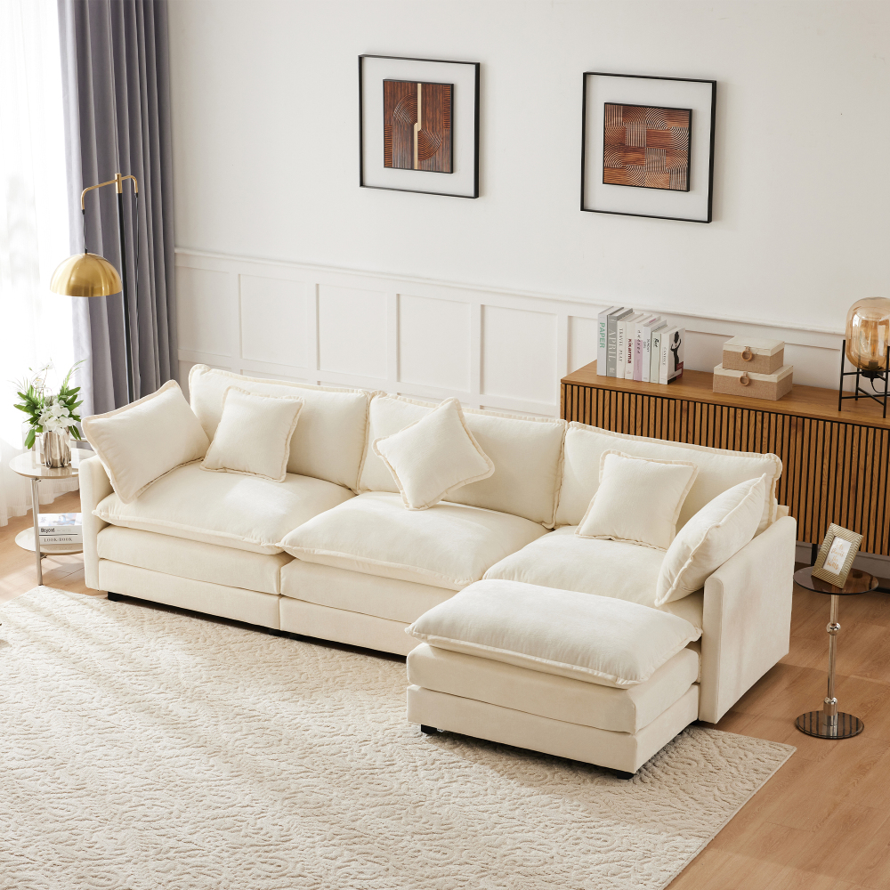 Sofá chaise longue l chenilla beige 3 plazas con reposapiés
